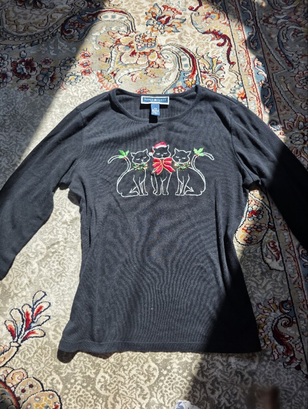 Karen Scott 100% Cotton Black Scoop-Neck Holiday Shirt with Embroidered Cats